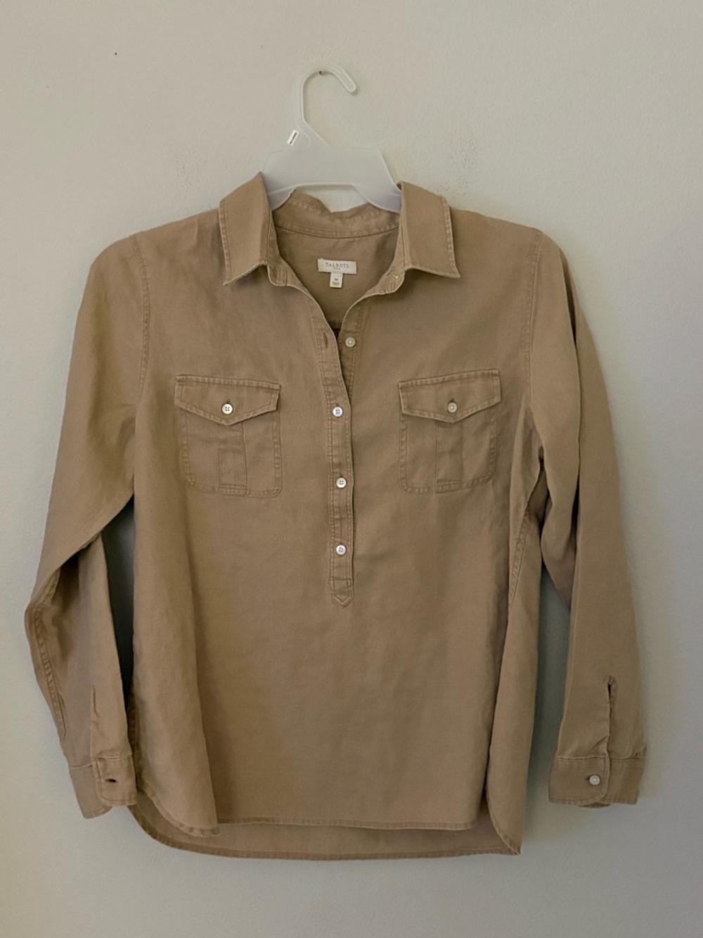 Talbots Khaki Popover Shirt Medium | Utility Workwear Neutral Button Down Top M